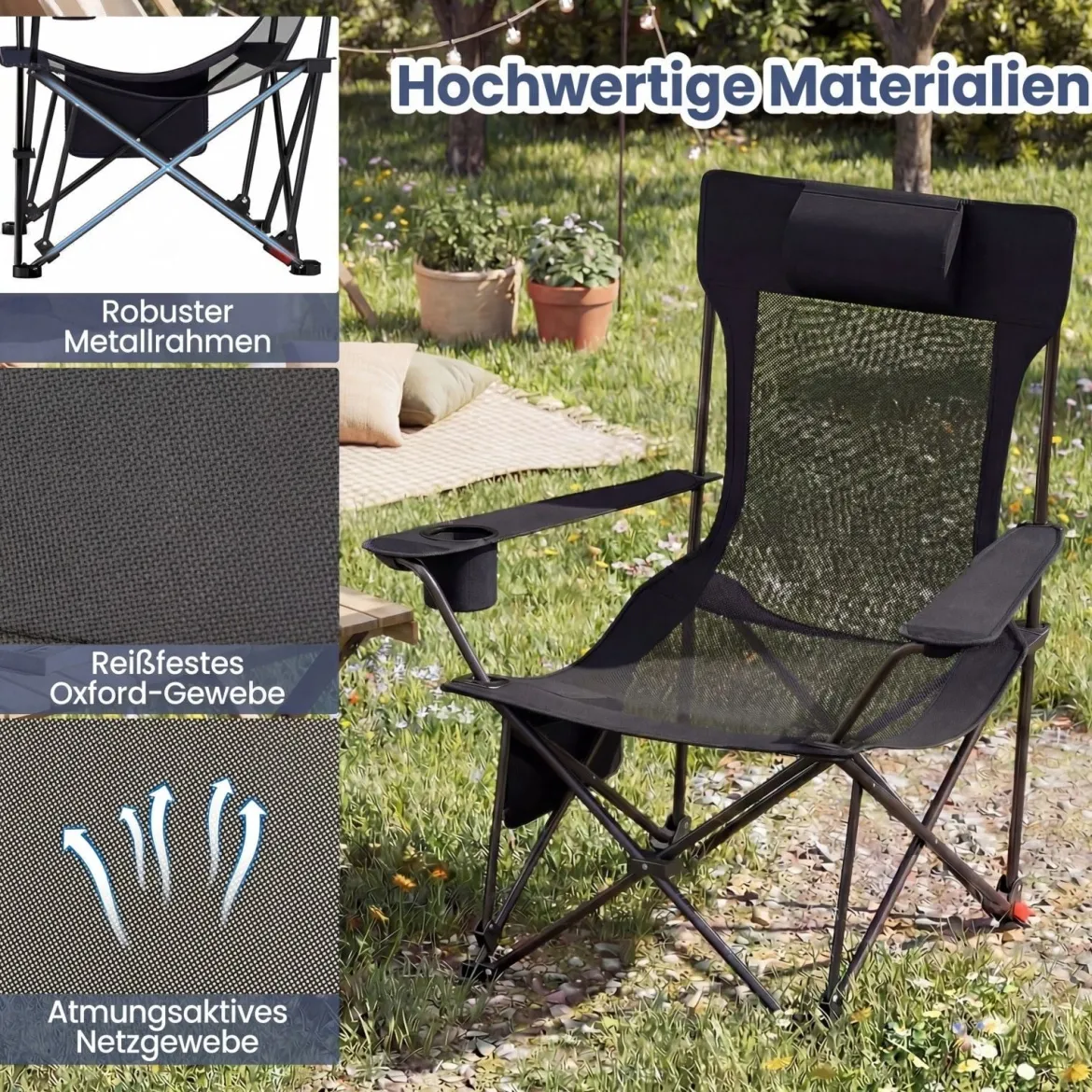 2er Set Campingstuhl mit Abnehmbarer Fußablage & Verstellbarer Rückenlehne & Kopfstütze Angelstuhl