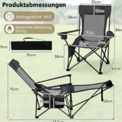 2er Set Campingstuhl mit Abnehmbarer Fußablage & Verstellbarer Rückenlehne & Kopfstütze Angelstuhl