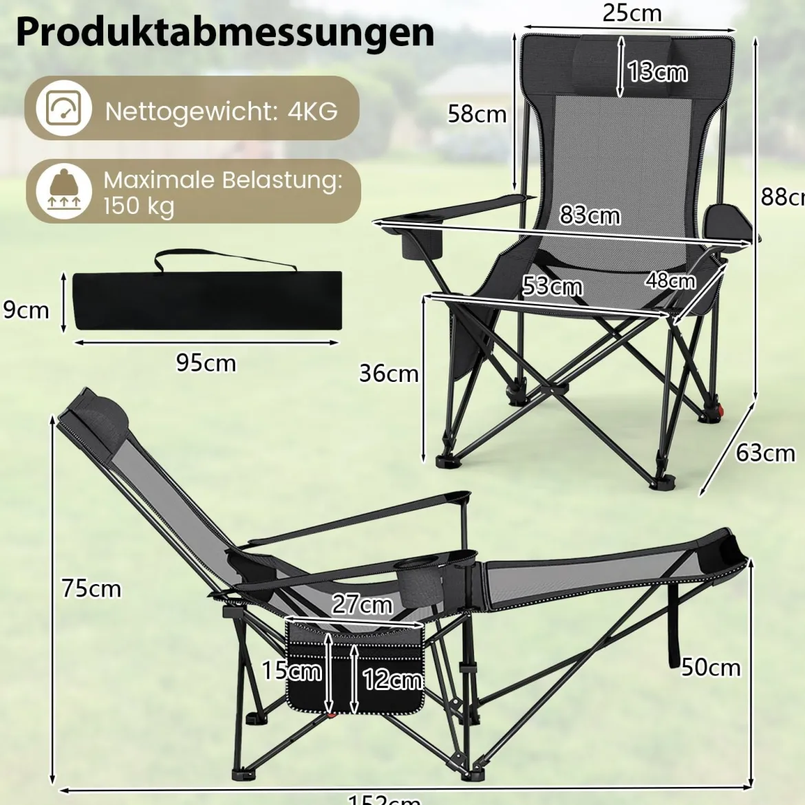 2er Set Campingstuhl mit Abnehmbarer Fußablage & Verstellbarer Rückenlehne & Kopfstütze Angelstuhl