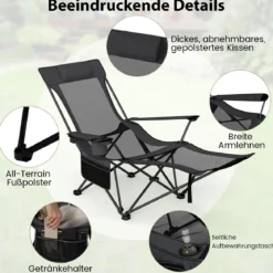 2er Set Campingstuhl mit Abnehmbarer Fußablage & Verstellbarer Rückenlehne & Kopfstütze Angelstuhl