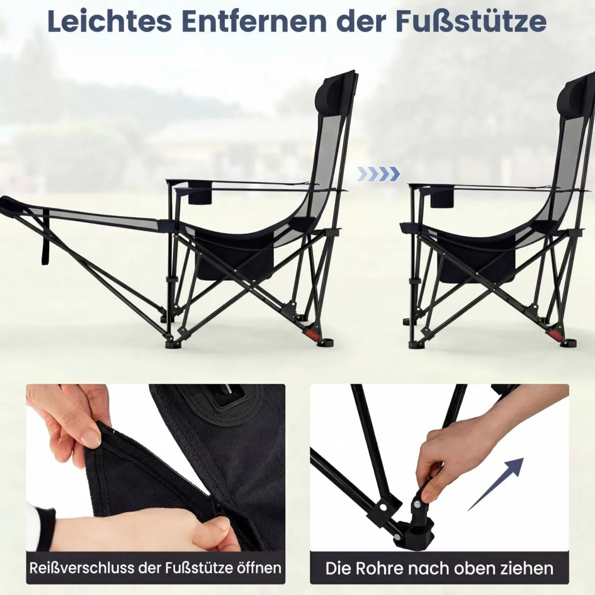 2er Set Campingstuhl mit Abnehmbarer Fußablage & Verstellbarer Rückenlehne & Kopfstütze Angelstuhl