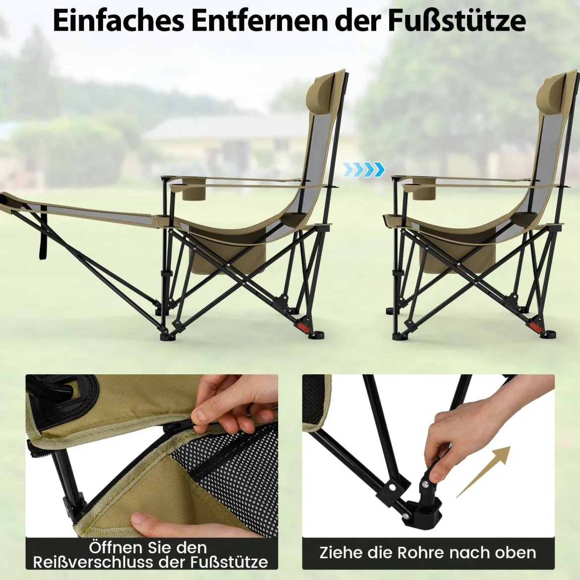 2er Set Campingstuhl mit Abnehmbarer Fußablage & Verstellbarer Rückenlehne & Kopfstütze Angelstuhl