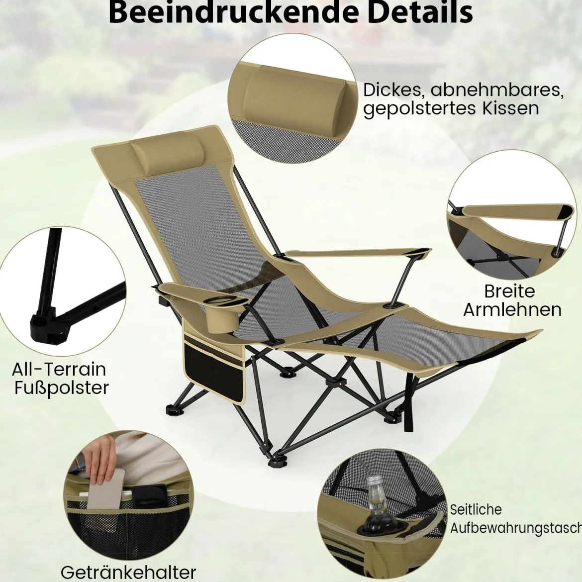 2er Set Campingstuhl mit Abnehmbarer Fußablage & Verstellbarer Rückenlehne & Kopfstütze Angelstuhl