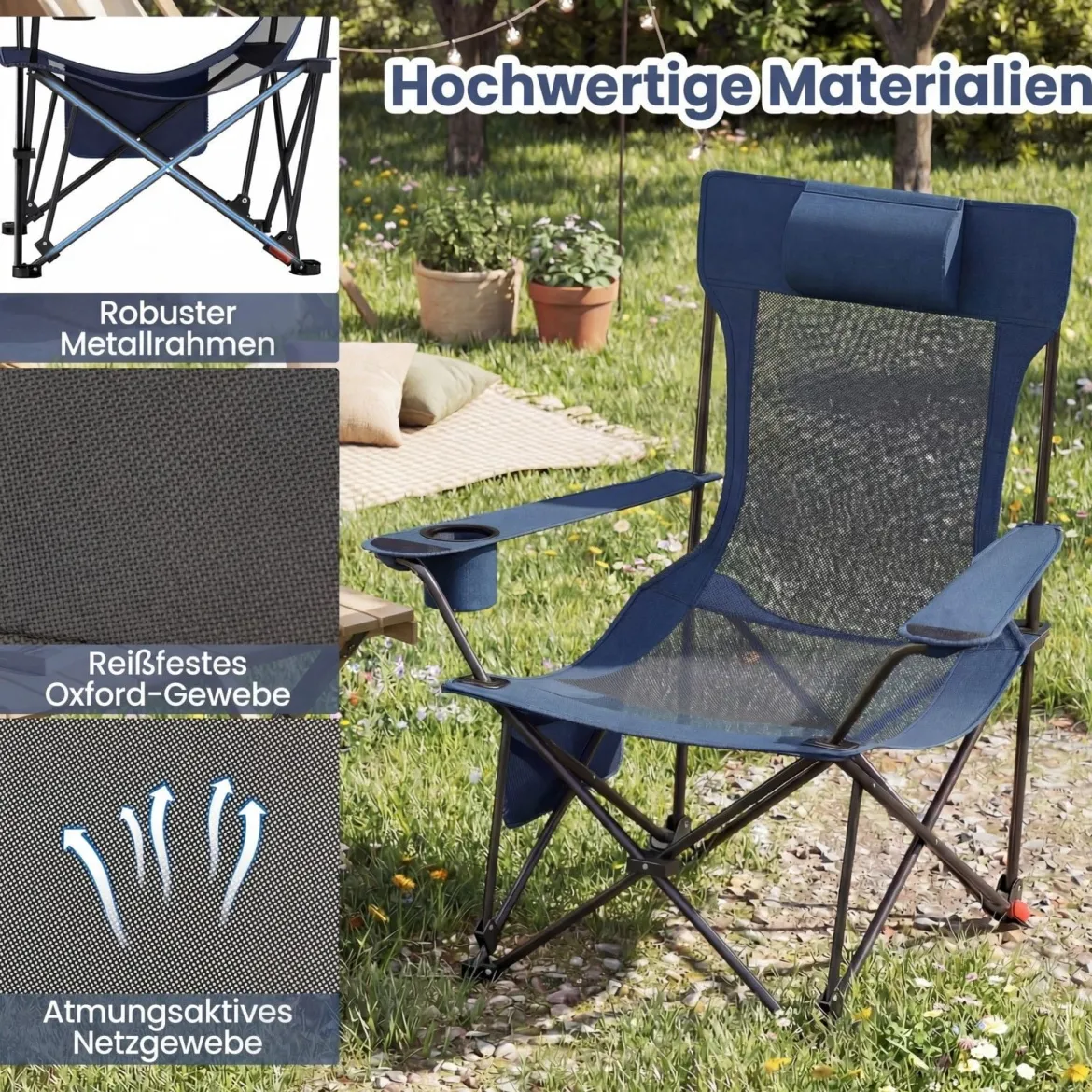 2er Set Campingstuhl mit Abnehmbarer Fußablage & Verstellbarer Rückenlehne & Kopfstütze Angelstuhl