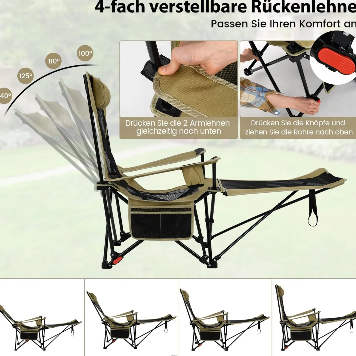 2er Set Campingstuhl mit Abnehmbarer Fußablage & Verstellbarer Rückenlehne & Kopfstütze Angelstuhl