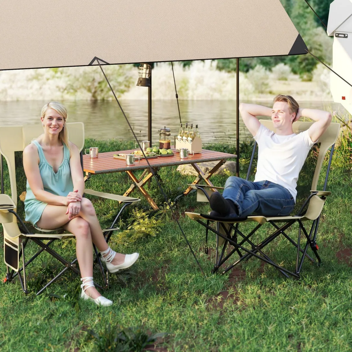 2er Set Campingstuhl mit Abnehmbarer Fußablage & Verstellbarer Rückenlehne & Kopfstütze Angelstuhl