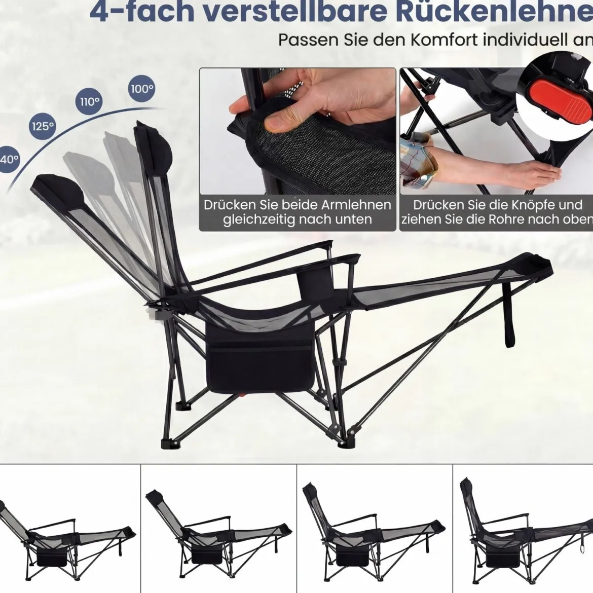 2er Set Campingstuhl mit Abnehmbarer Fußablage & Verstellbarer Rückenlehne & Kopfstütze Angelstuhl