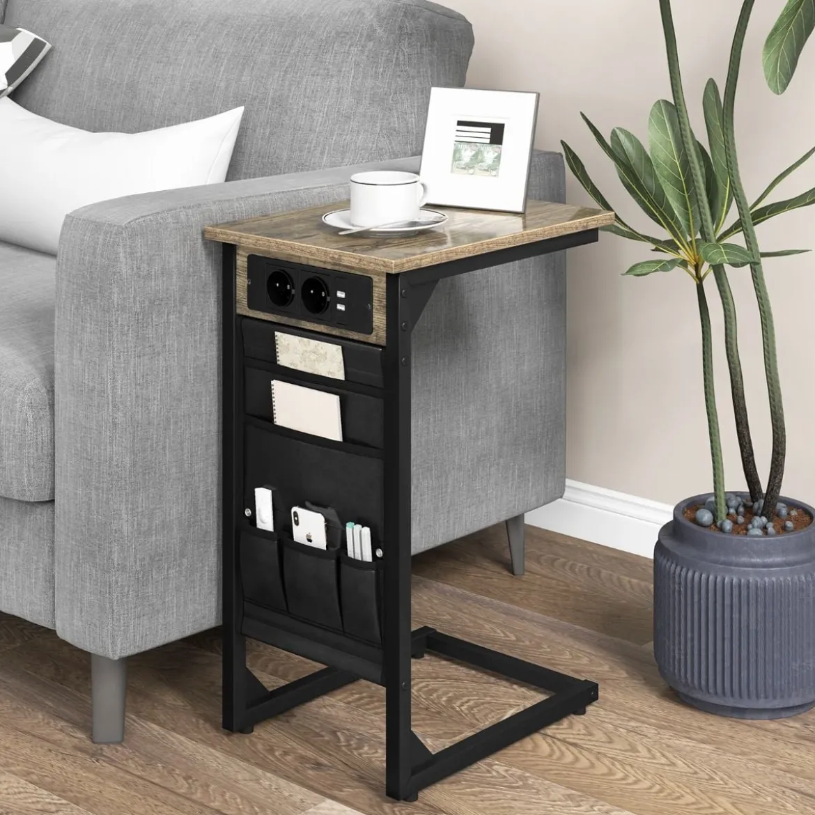 2er Set C-förmiger Beistelltisch mit Ladestation & USB Anschlüssen & Seitentasche Nachttisch