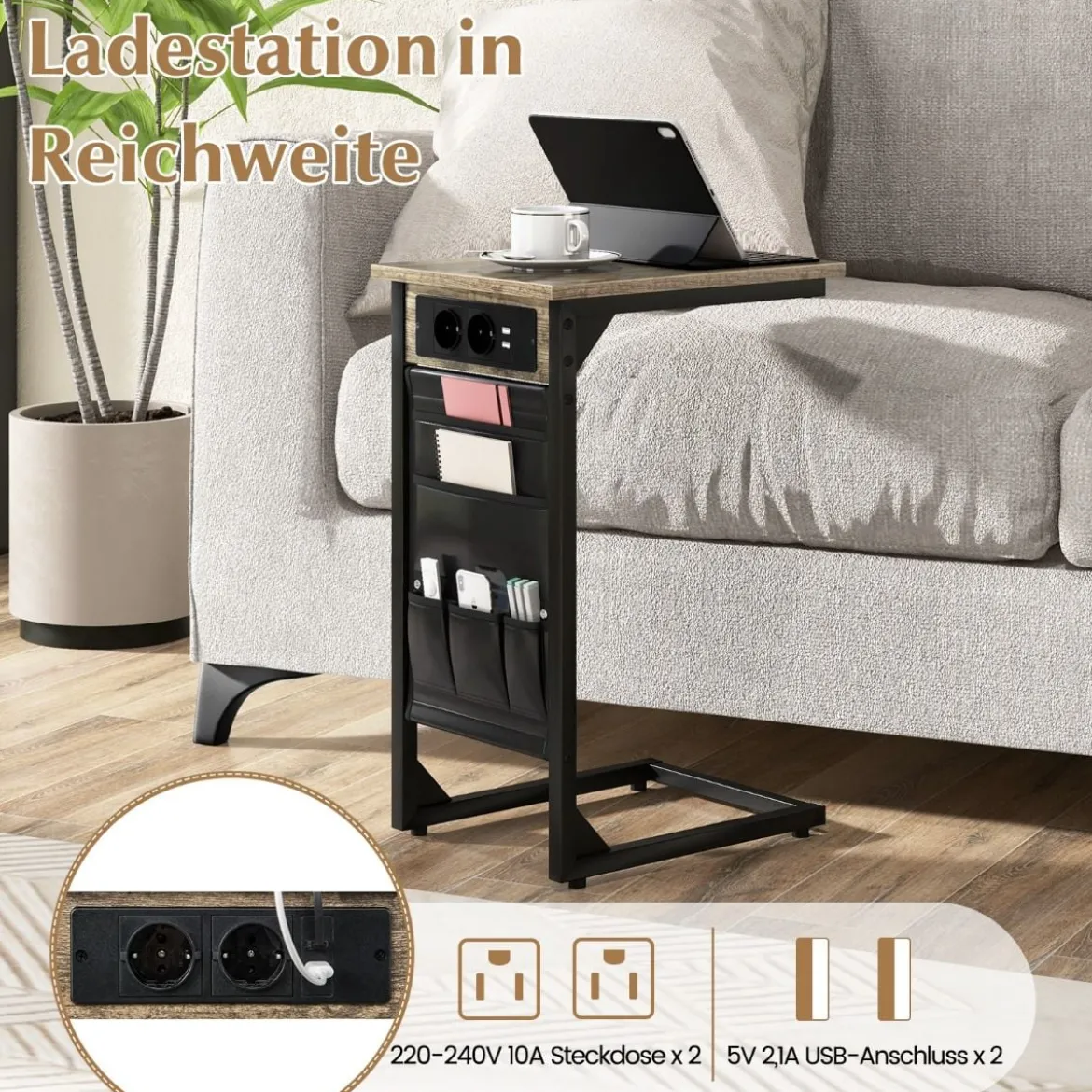 2er Set C-förmiger Beistelltisch mit Ladestation & USB Anschlüssen & Seitentasche Nachttisch