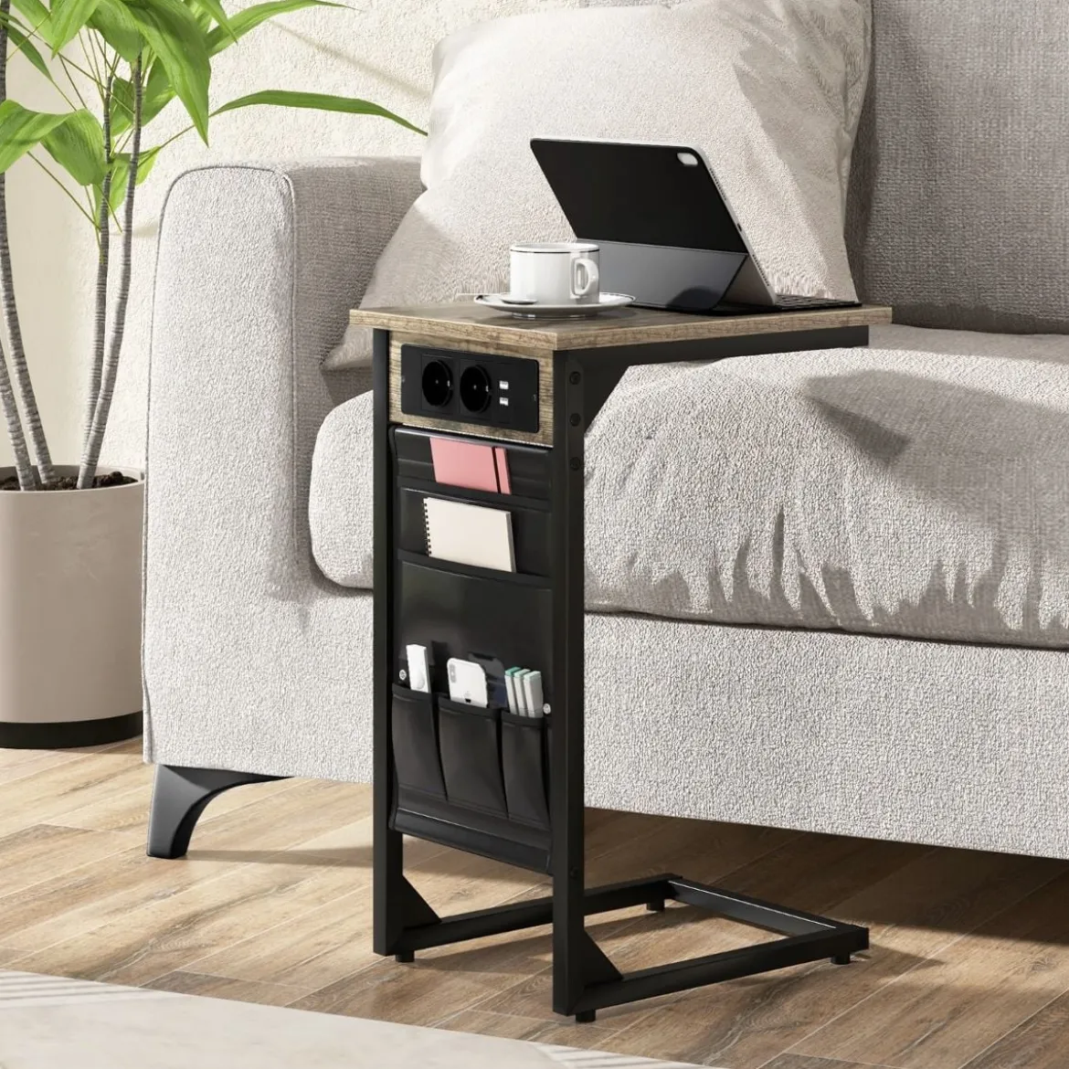 2er Set C-förmiger Beistelltisch mit Ladestation & USB Anschlüssen & Seitentasche Nachttisch
