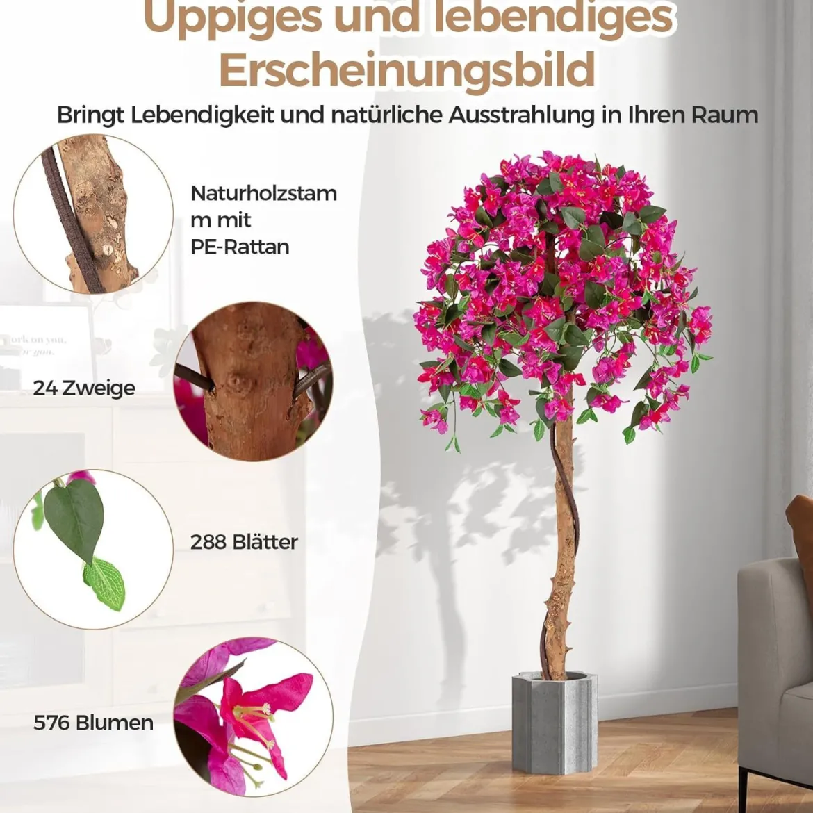 2er Set 135 cm Kunstbaum mit Blüten Kunstpflanze im Topf Künstlicher Baum