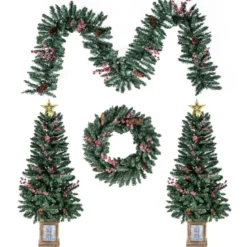2er Set 120 cm Mini Künstlicher Weihnachtsbaum im Topf mit Weihnachtsgirlande & -kranz