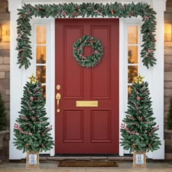 2er Set 120 cm Mini Künstlicher Weihnachtsbaum im Topf mit Weihnachtsgirlande & -kranz