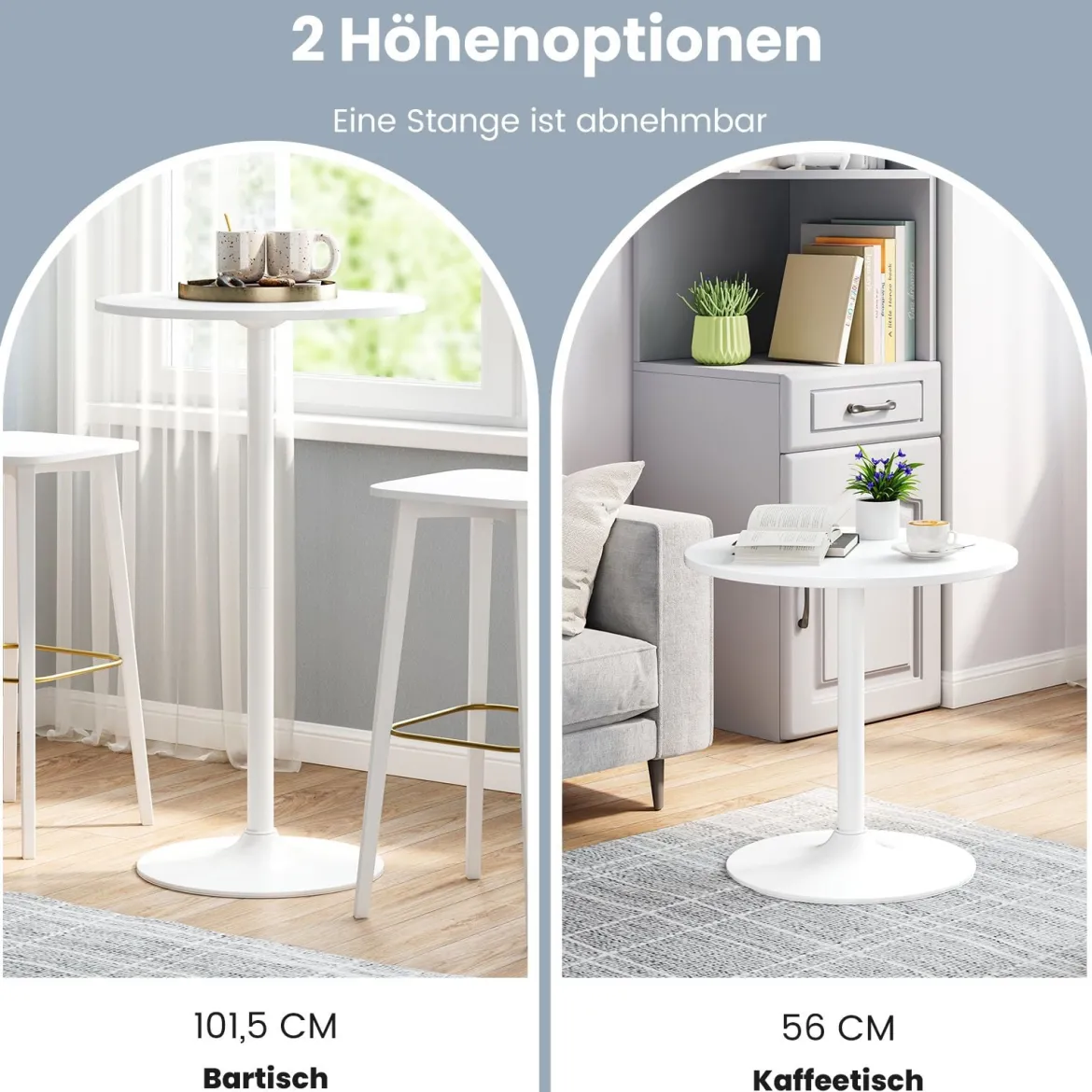 2er Set Ø 60 cm Stehtisch 2 in 1 Bartisch & Esstisch Höhenverstellbarer Bistrotisch Weiß