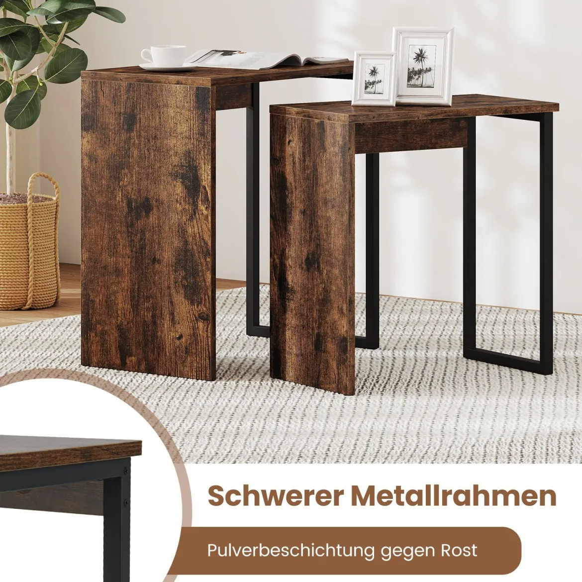 2er Set Couchtisch Beistelltisch aus Kunstholz Wohnzimmertisch Nachttische Rustikales Braun
