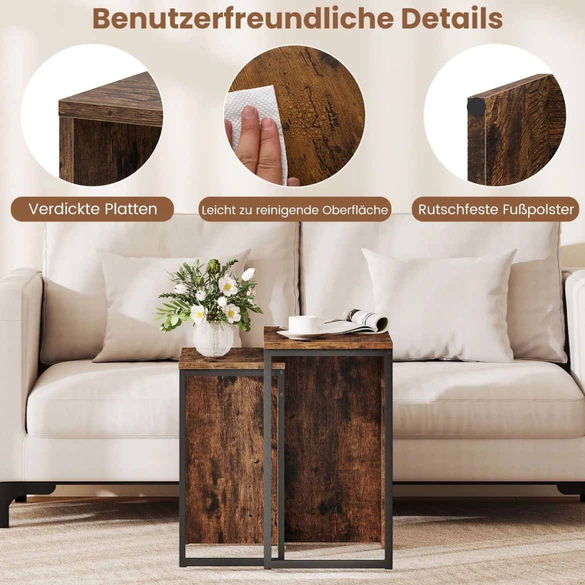2er Set Couchtisch Beistelltisch aus Kunstholz Wohnzimmertisch Nachttische Rustikales Braun
