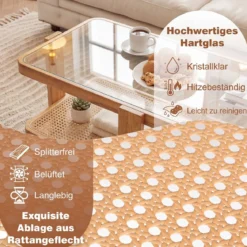 2er Set Couchtisch im Boho-Stil Stapelbarer Beistelltisch aus PE-Rattan mit Gehärtete Glasplatte Natur