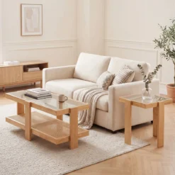 2er Set Couchtisch im Boho-Stil Stapelbarer Beistelltisch aus PE-Rattan mit Gehärtete Glasplatte Natur