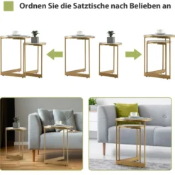2er Set Couchtisch mit Marmoroptik mit Goldfarbenem Metallbeinen Modern Beistelltisch