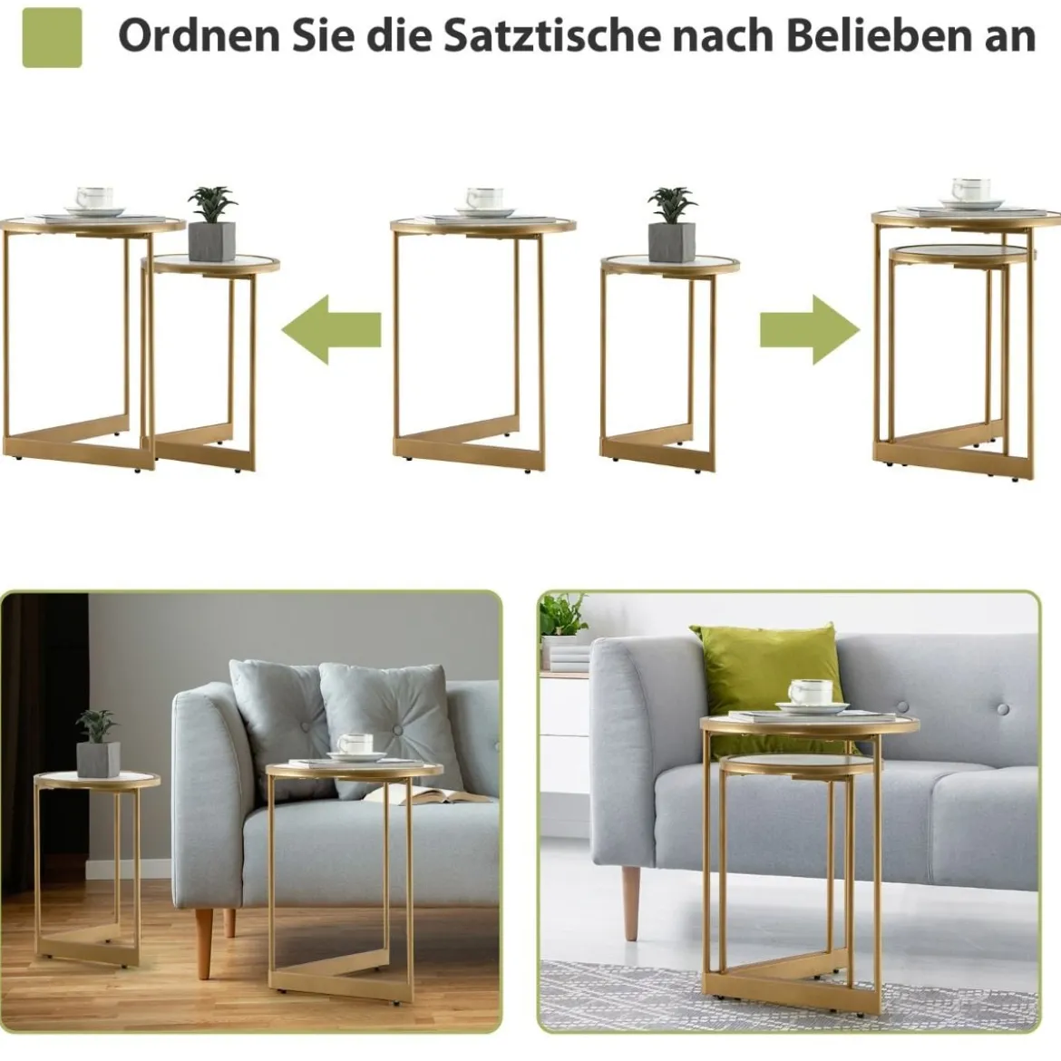 2er Set Couchtisch mit Marmoroptik mit Goldfarbenem Metallbeinen Modern Beistelltisch