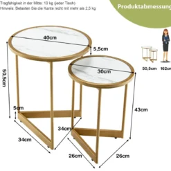 2er Set Couchtisch mit Marmoroptik mit Goldfarbenem Metallbeinen Modern Beistelltisch