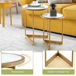 2er Set Couchtisch mit Marmoroptik mit Goldfarbenem Metallbeinen Modern Beistelltisch