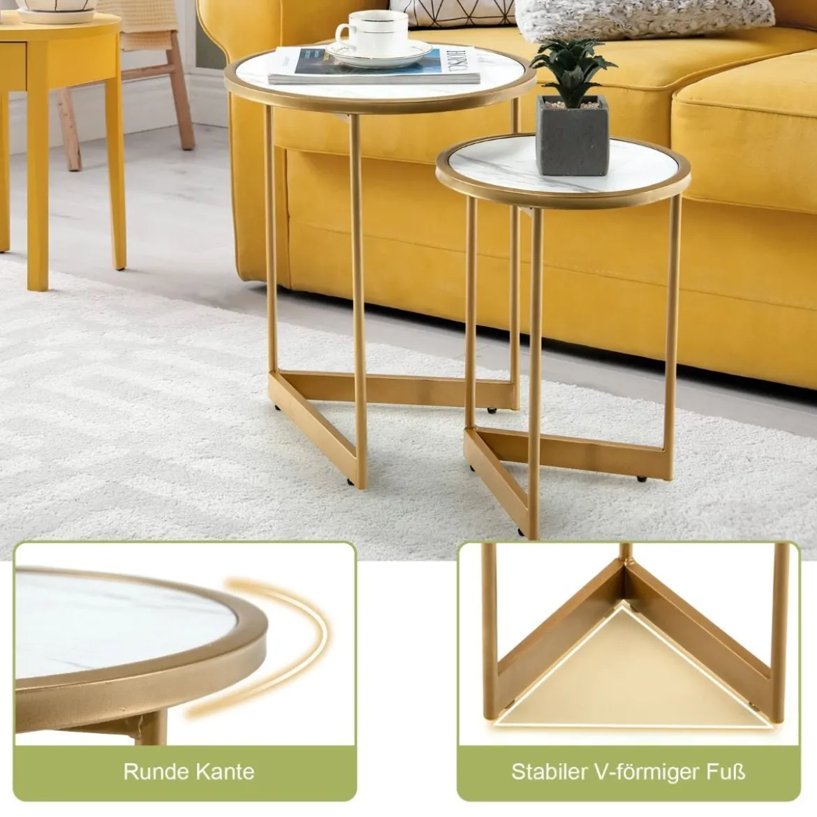 2er Set Couchtisch mit Marmoroptik mit Goldfarbenem Metallbeinen Modern Beistelltisch