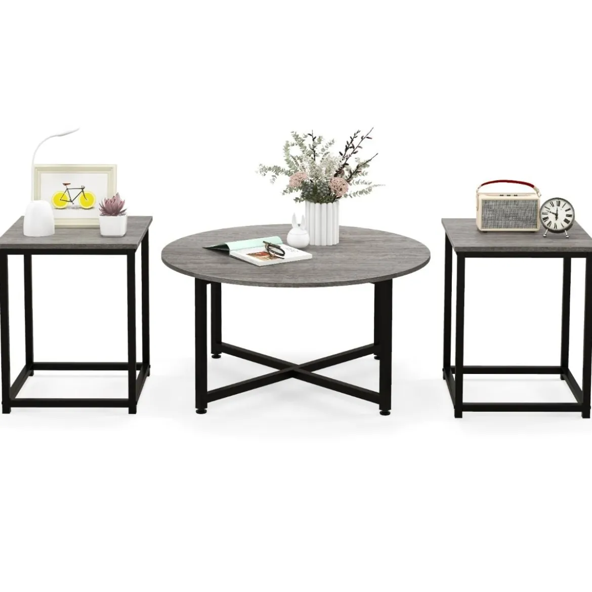 3er Set Couchtisch mit Robustem Metallrahmen Runder Kaffeetisch & 2 Quadratische Beistelltische Grau