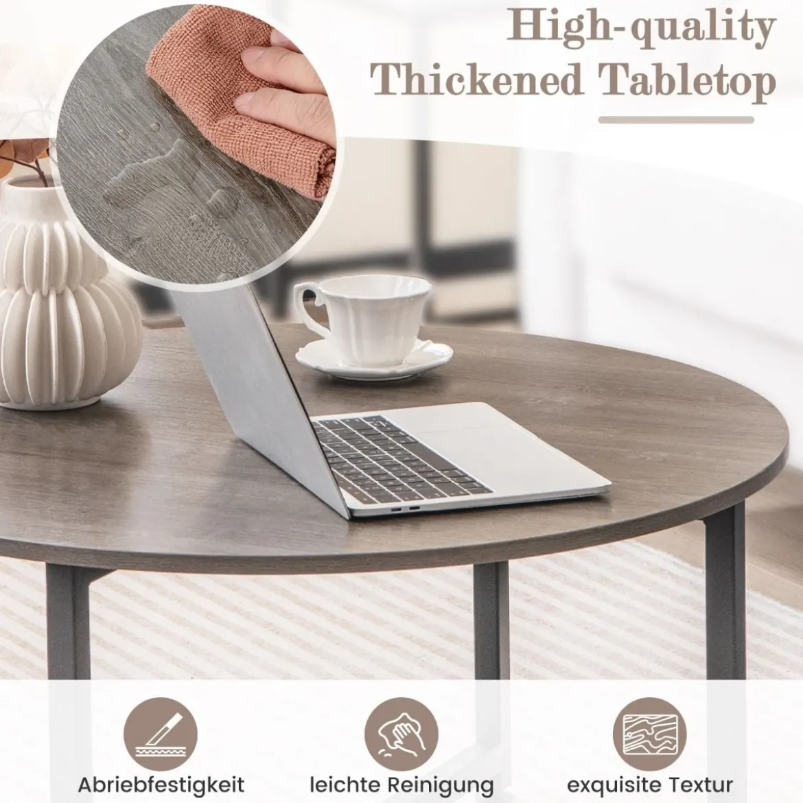 3er Set Couchtisch mit Robustem Metallrahmen Runder Kaffeetisch & 2 Quadratische Beistelltische Grau