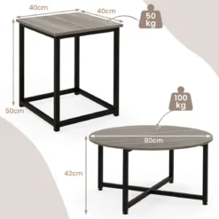 3er Set Couchtisch mit Robustem Metallrahmen Runder Kaffeetisch & 2 Quadratische Beistelltische Grau