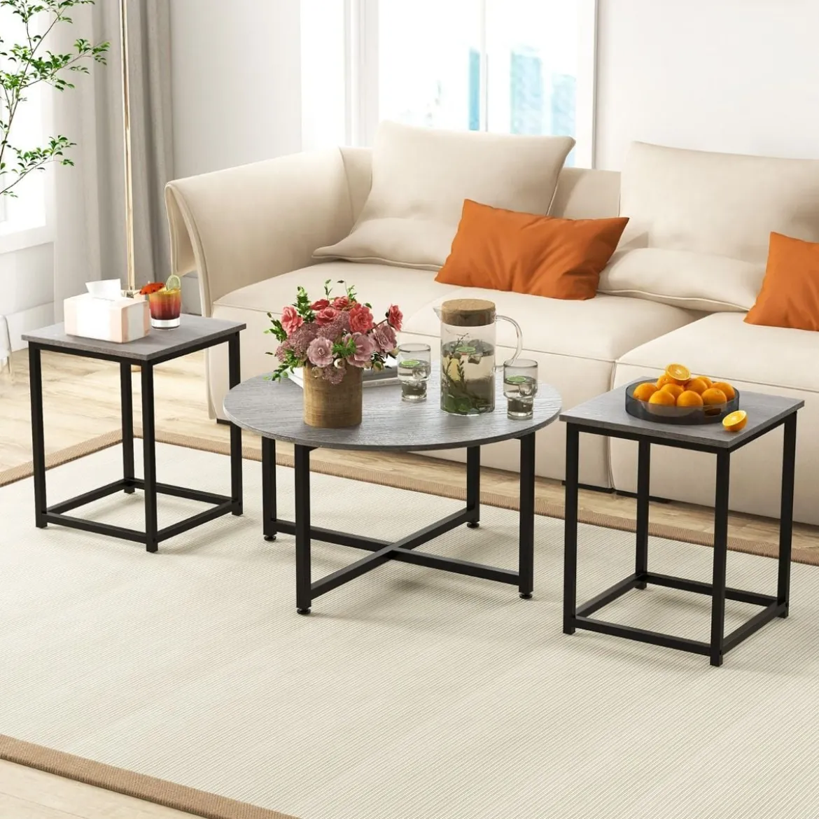 3er Set Couchtisch mit Robustem Metallrahmen Runder Kaffeetisch & 2 Quadratische Beistelltische Grau