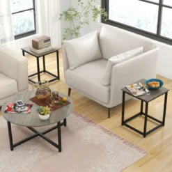 3er Set Couchtisch mit Robustem Metallrahmen Runder Kaffeetisch & 2 Quadratische Beistelltische Grau
