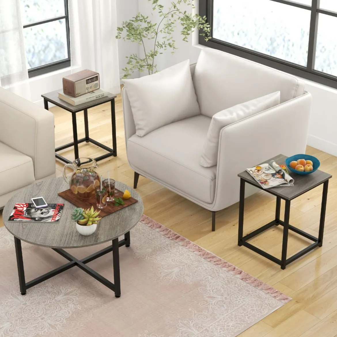 3er Set Couchtisch mit Robustem Metallrahmen Runder Kaffeetisch & 2 Quadratische Beistelltische Grau