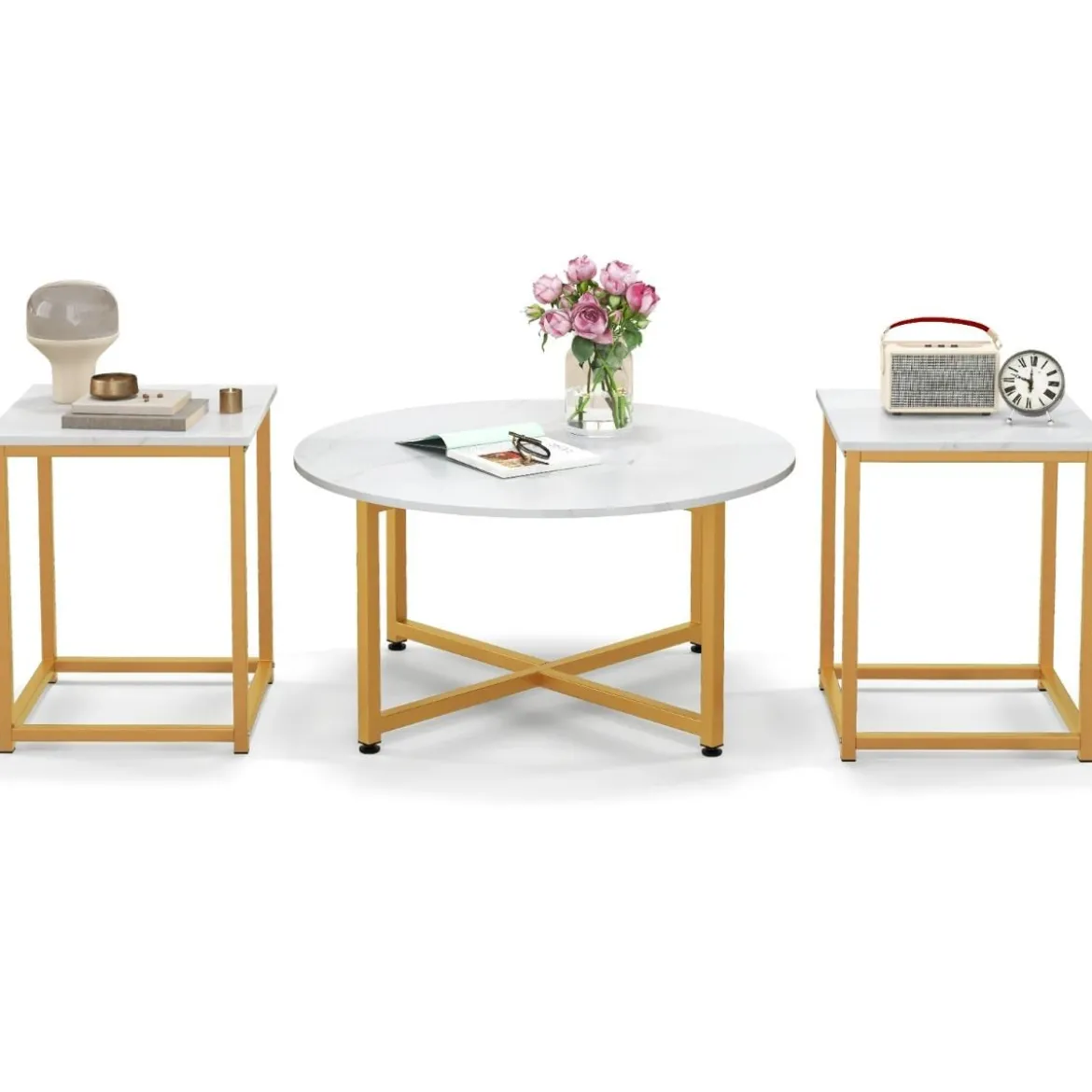 3er Set Couchtisch mit Robustem Metallrahmen Runder Kaffeetisch & 2 Quadratische Beistelltische Weiß