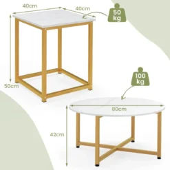 3er Set Couchtisch mit Robustem Metallrahmen Runder Kaffeetisch & 2 Quadratische Beistelltische Weiß