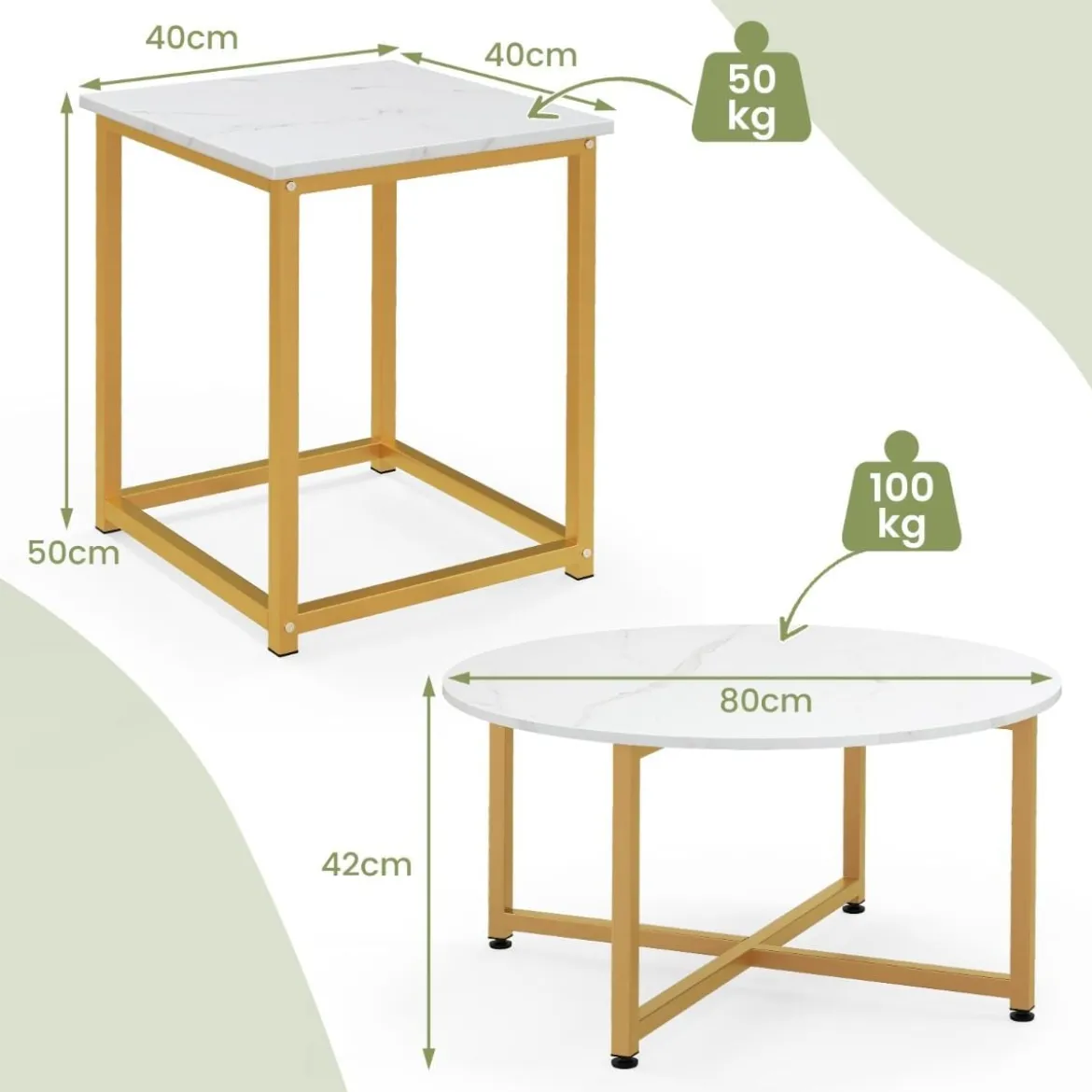3er Set Couchtisch mit Robustem Metallrahmen Runder Kaffeetisch & 2 Quadratische Beistelltische Weiß