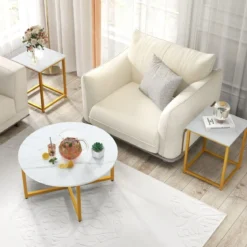 3er Set Couchtisch mit Robustem Metallrahmen Runder Kaffeetisch & 2 Quadratische Beistelltische Weiß
