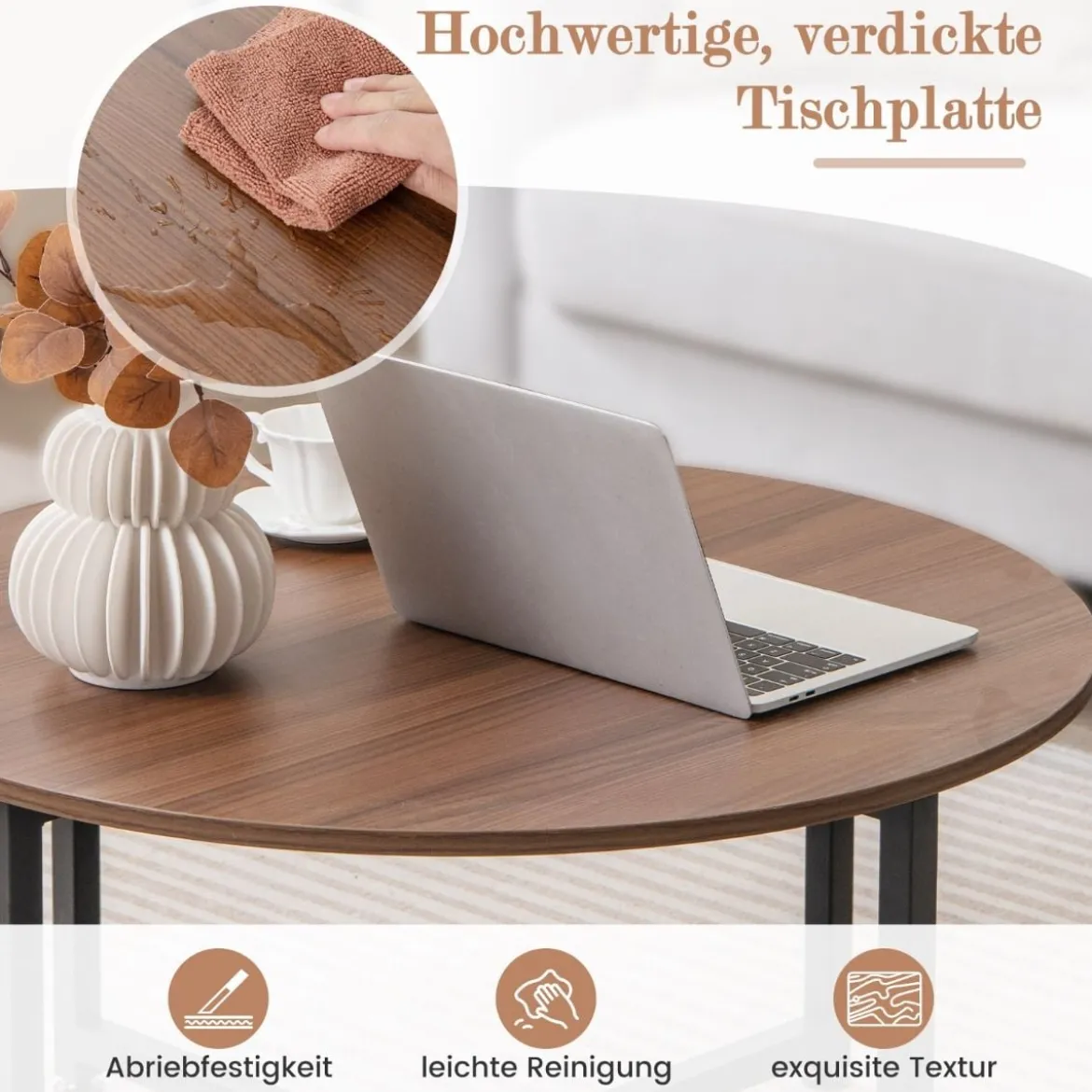3er Set Couchtisch mit Robustem Metallrahmen Runder Kaffeetisch & 2 Quadratische Beistelltische Braun