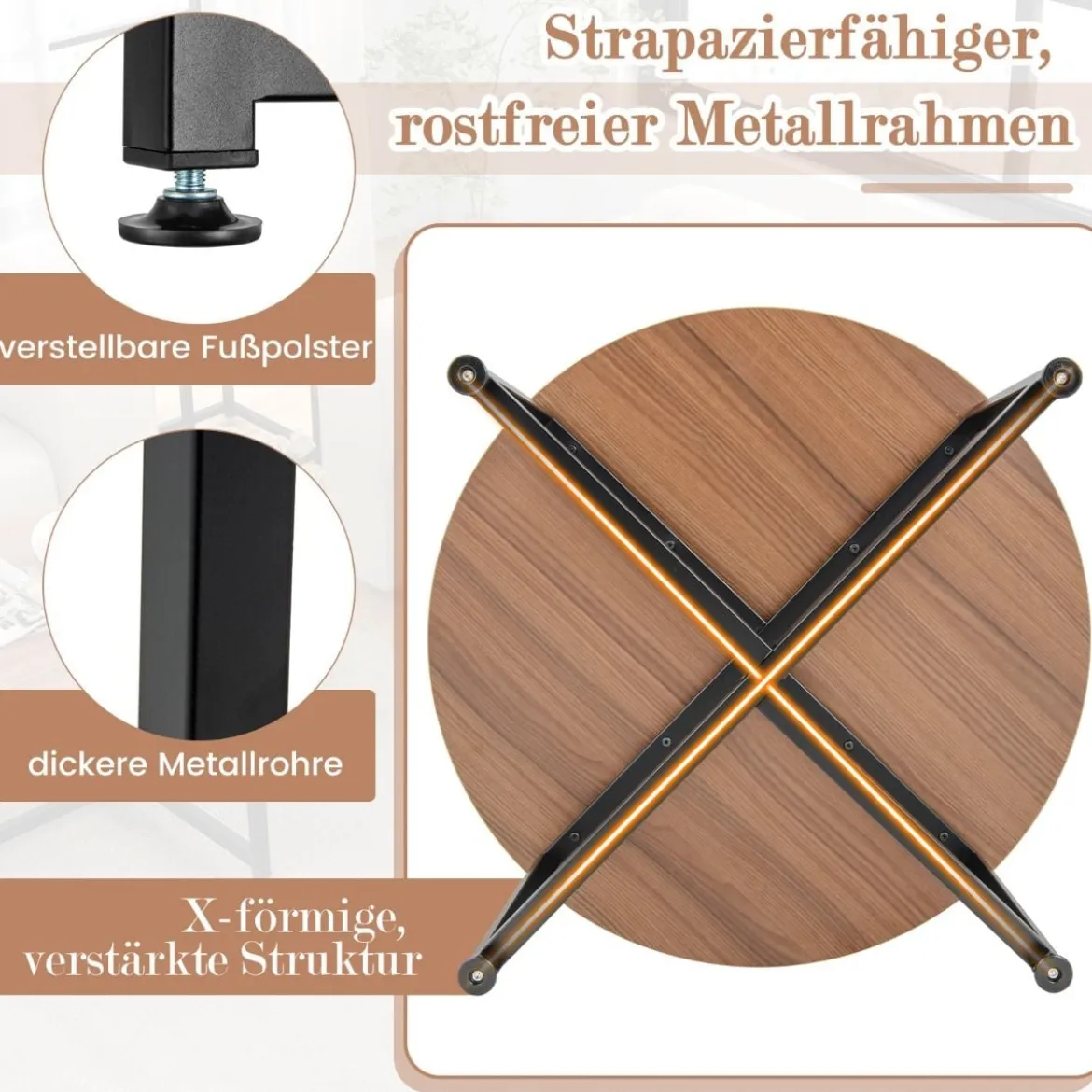 3er Set Couchtisch mit Robustem Metallrahmen Runder Kaffeetisch & 2 Quadratische Beistelltische Braun