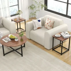 3er Set Couchtisch mit Robustem Metallrahmen Runder Kaffeetisch & 2 Quadratische Beistelltische Braun