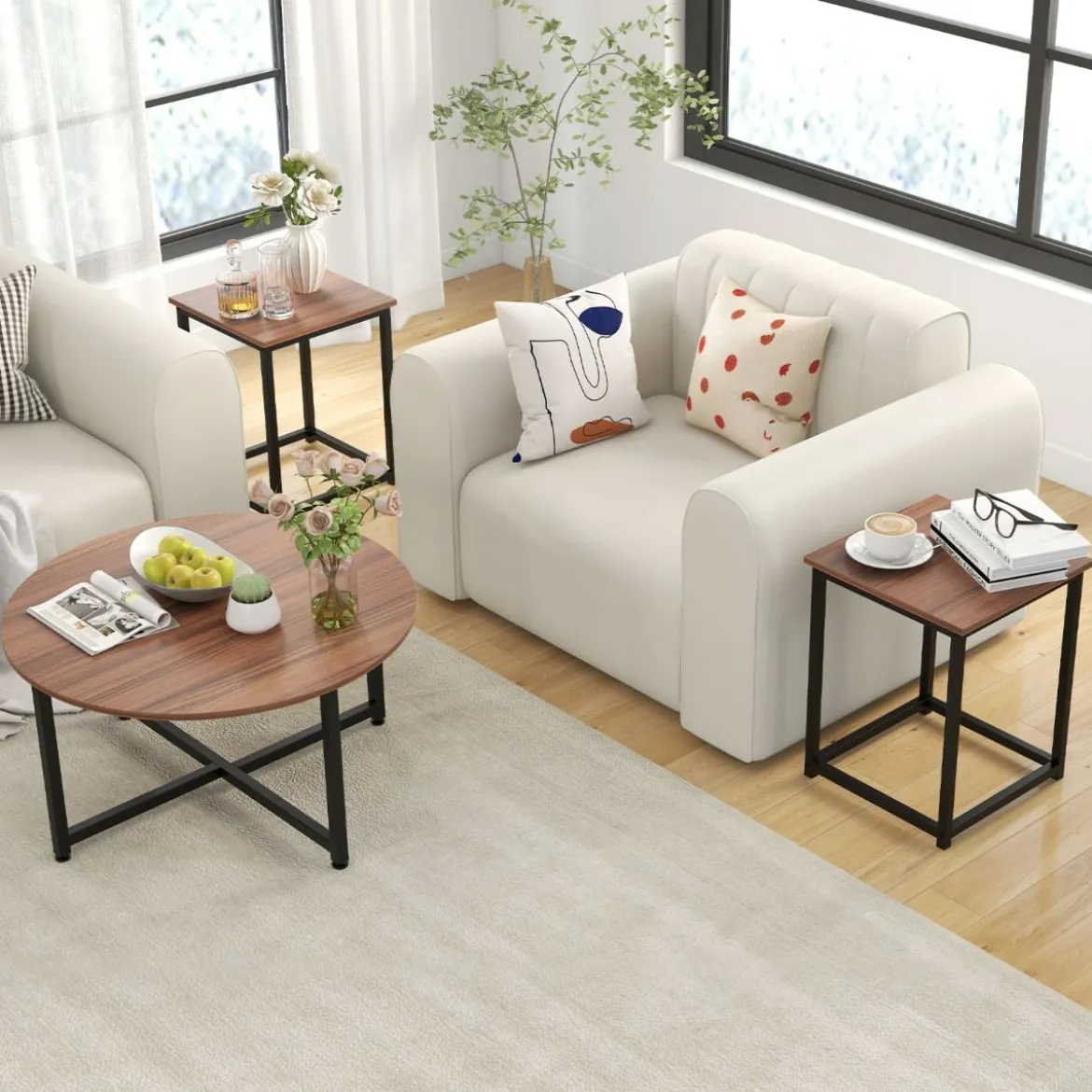 3er Set Couchtisch mit Robustem Metallrahmen Runder Kaffeetisch & 2 Quadratische Beistelltische Braun
