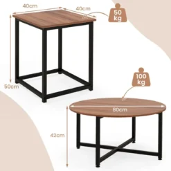3er Set Couchtisch mit Robustem Metallrahmen Runder Kaffeetisch & 2 Quadratische Beistelltische Braun