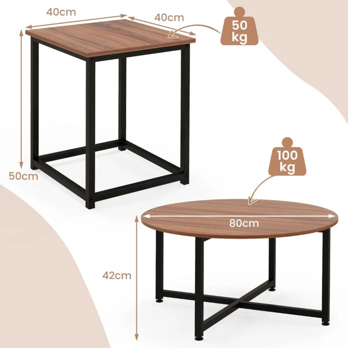 3er Set Couchtisch mit Robustem Metallrahmen Runder Kaffeetisch & 2 Quadratische Beistelltische Braun