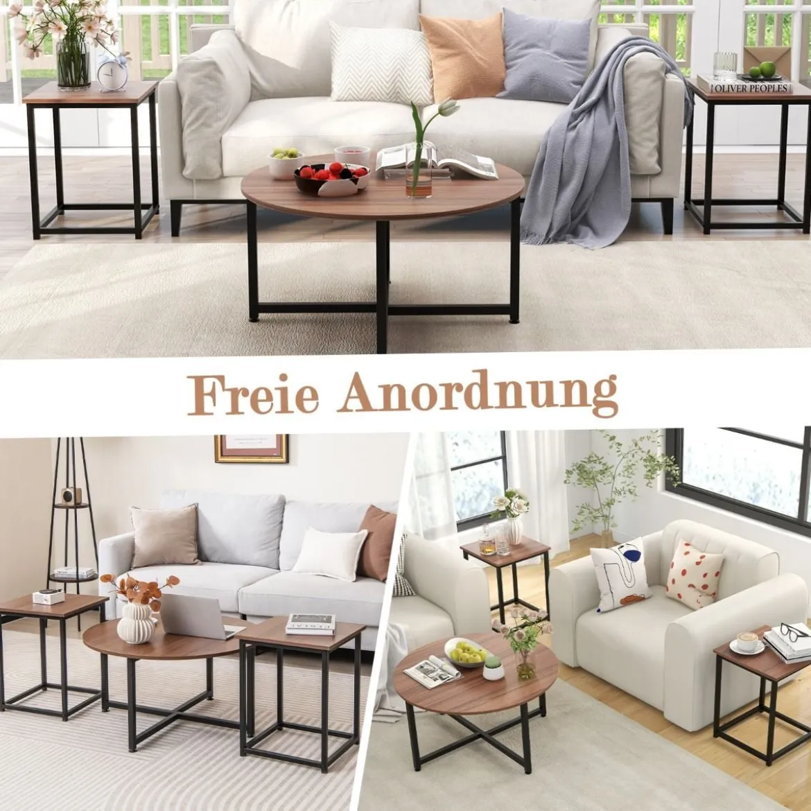 3er Set Couchtisch mit Robustem Metallrahmen Runder Kaffeetisch & 2 Quadratische Beistelltische Braun