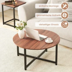 3er Set Couchtisch mit Robustem Metallrahmen Runder Kaffeetisch & 2 Quadratische Beistelltische Braun