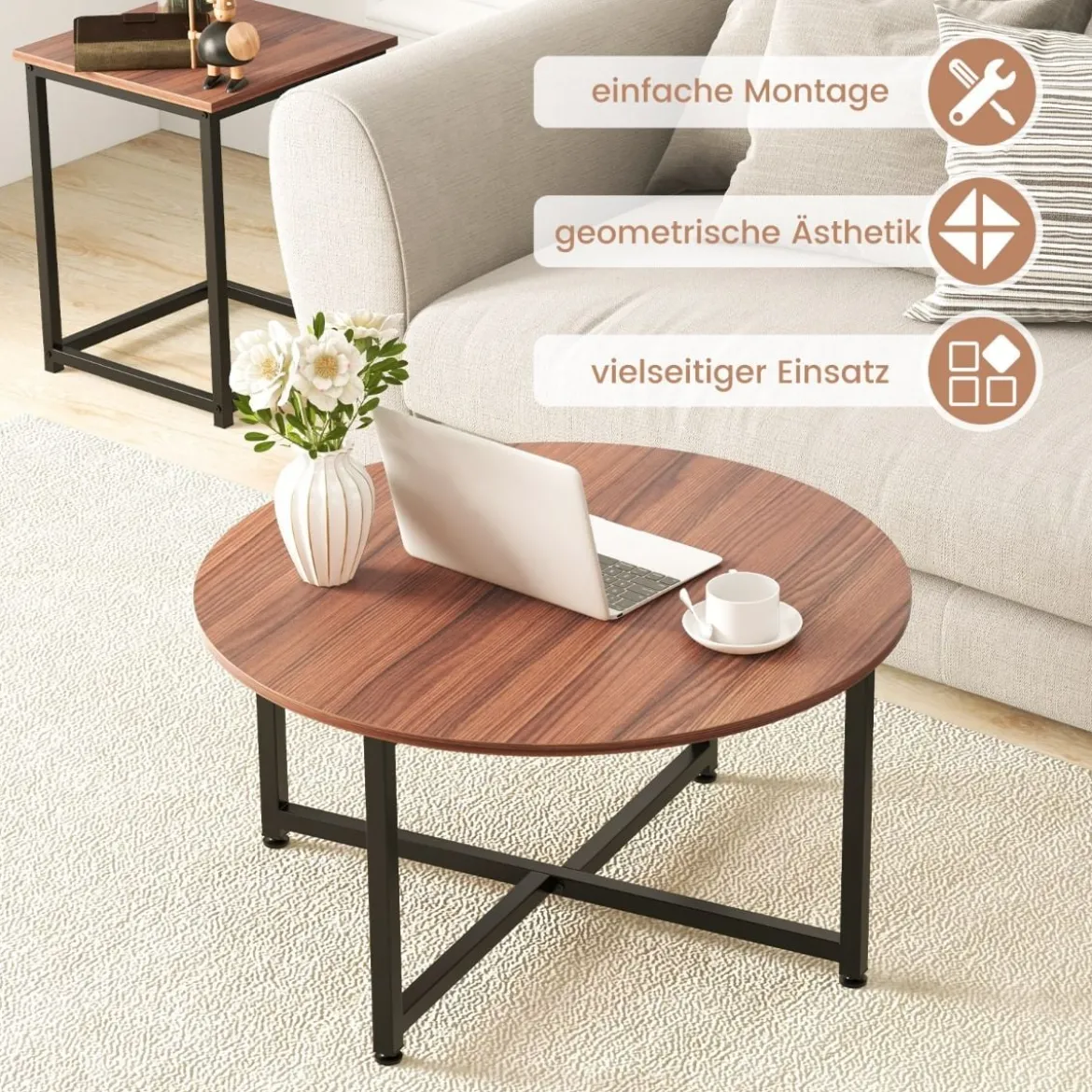 3er Set Couchtisch mit Robustem Metallrahmen Runder Kaffeetisch & 2 Quadratische Beistelltische Braun
