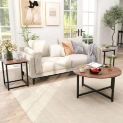 3er Set Couchtisch mit Robustem Metallrahmen Runder Kaffeetisch & 2 Quadratische Beistelltische Braun
