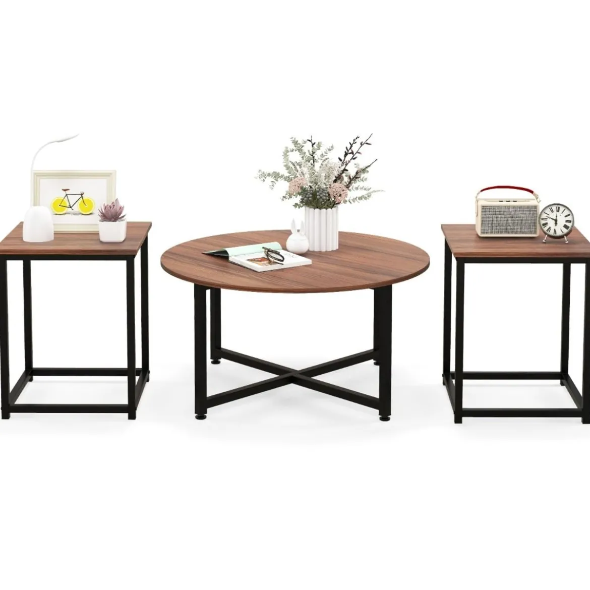 3er Set Couchtisch mit Robustem Metallrahmen Runder Kaffeetisch & 2 Quadratische Beistelltische Braun