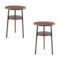 2er Set Couchtisch Rund Ø39 cm Beistelltisch mit 2 Ebenen Wohnzimmertsich mit Stahlrahmen Walnuss