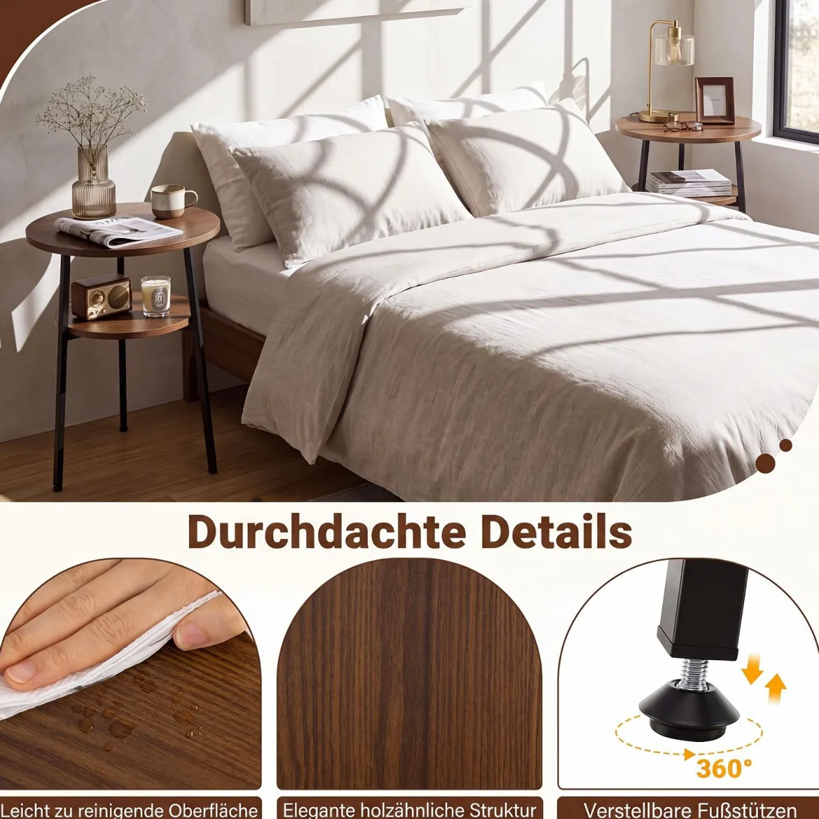 2er Set Couchtisch Rund Ø39 cm Beistelltisch mit 2 Ebenen Wohnzimmertsich mit Stahlrahmen Walnuss